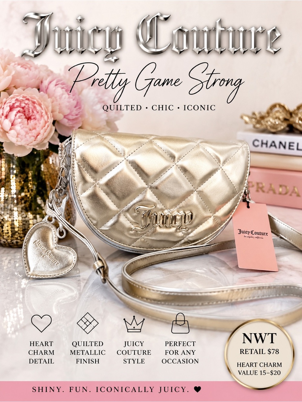 Juicy Couture Gold Quilted Silver Crossbody NWT "Pretty Game Strong" Bag